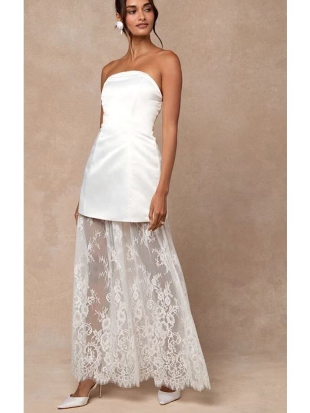 Lulus Winslet White Satin Sheer Hem Strapless Maxi Dress Size M NWT